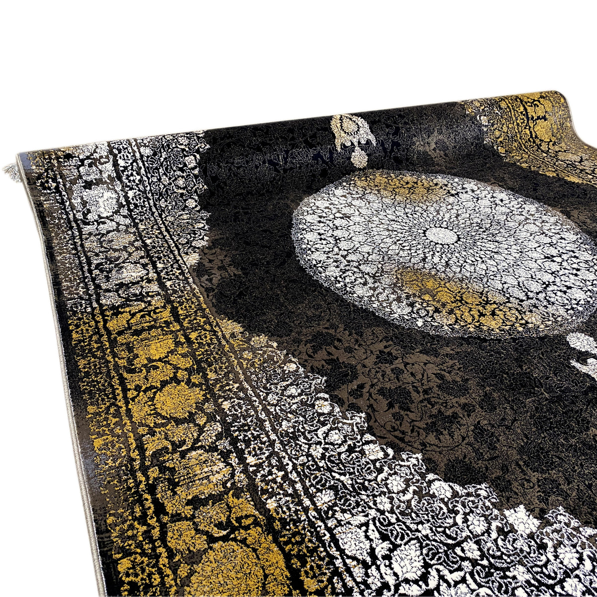 Rug with a black background, silver circular ornament at the top, golden border