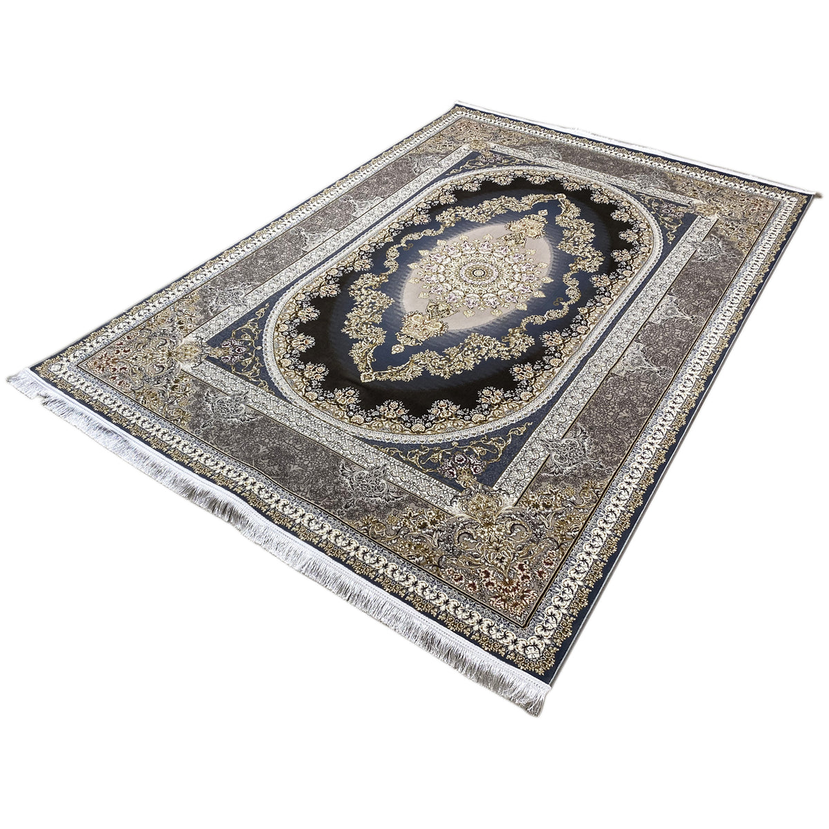 Oriental rug 170x240 cm, laid at an angle: oval medallion, dark blue, golden ornaments, fringes