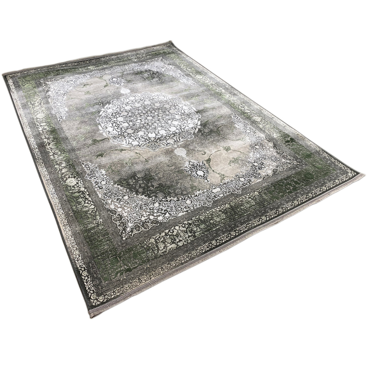 Forest-spirit rug, 170x240 cm, laid horizontally: dark green pile, cream ornaments in the central field