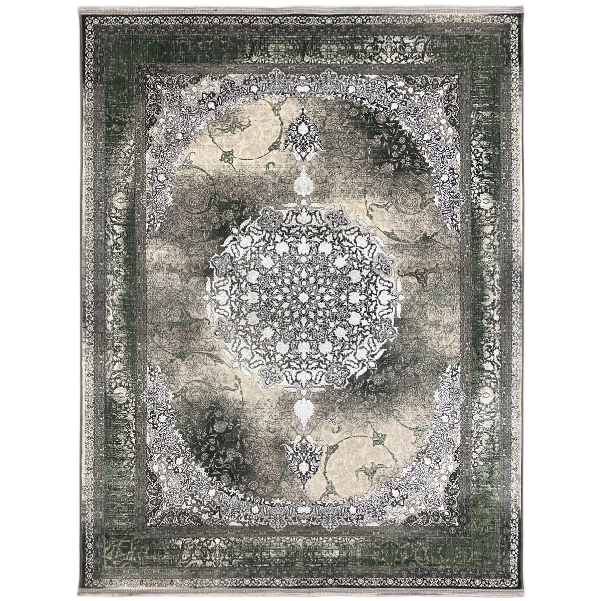 Forest Spirit rug 170x240 cm in dark green and cream with an ornamental medallion design