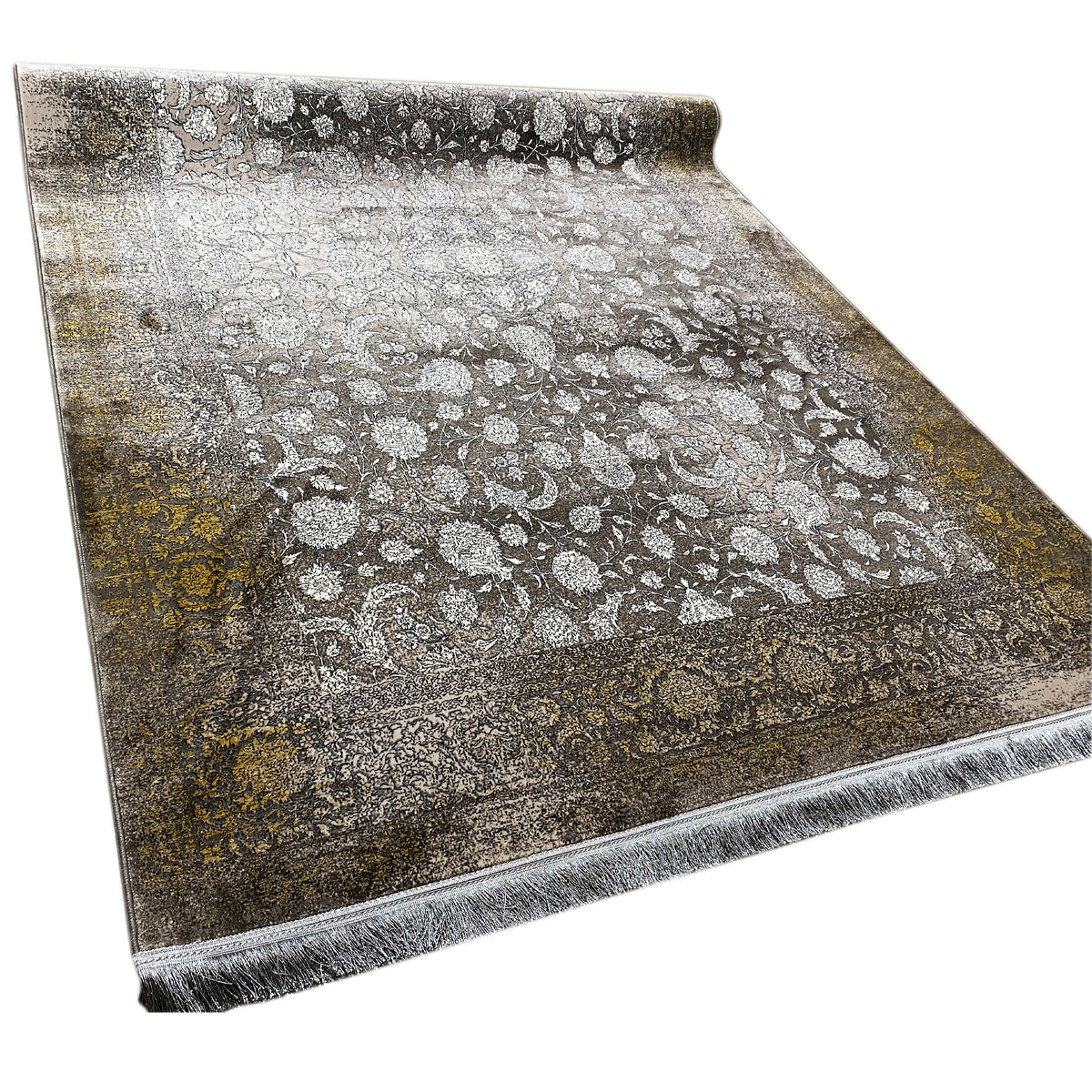 Rug 170x240 cm, floral ornamental pattern in gray/silver with a dark border, fringes