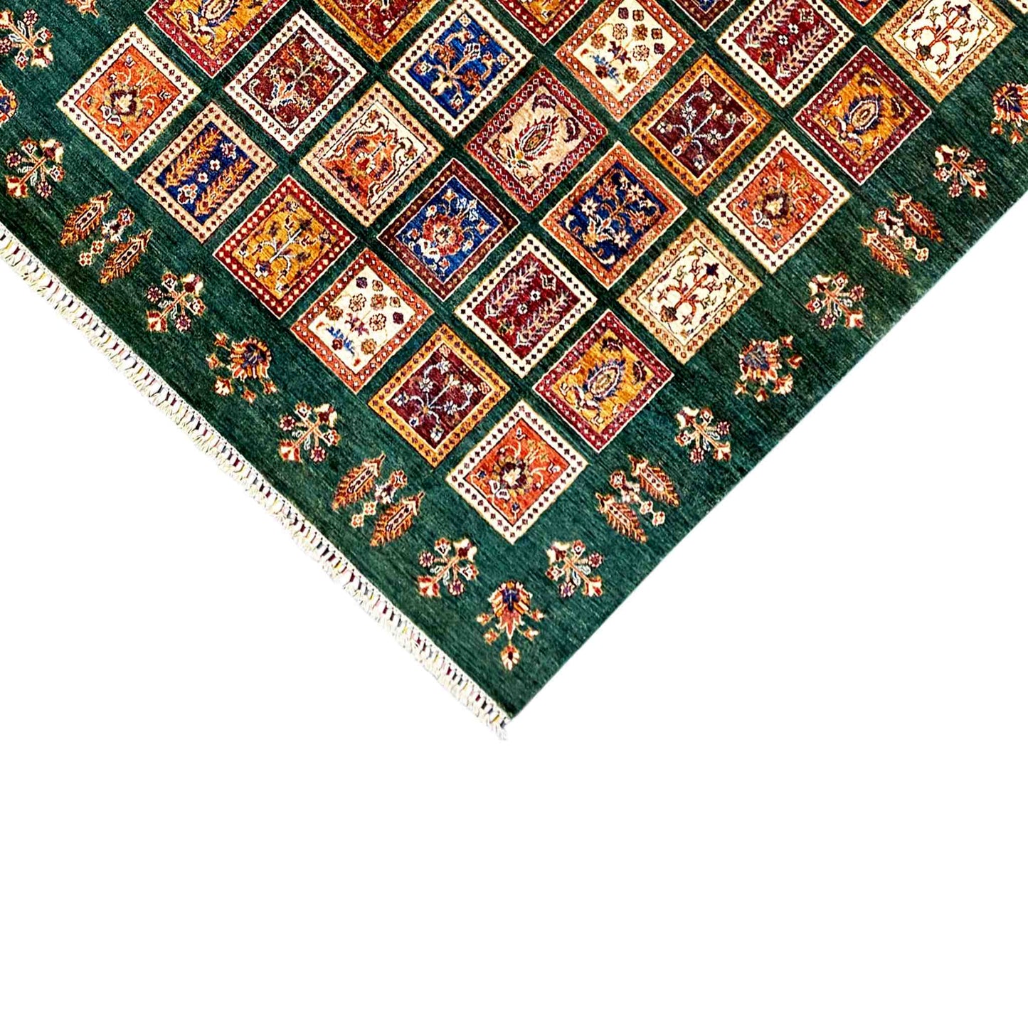 Handgeknüpfter Khorjin Teppich - Grüne & Mehrfarbige Quadrate, 239x173 cm - German Carpet Shop