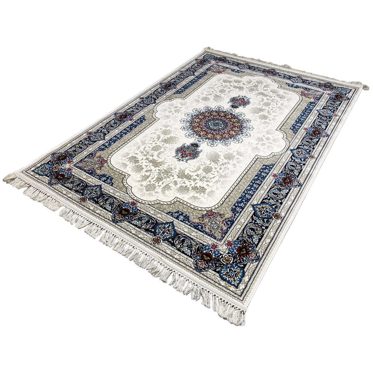 Oriental rug 170x240 cm, cream-colored with a blue striped border and fringes
