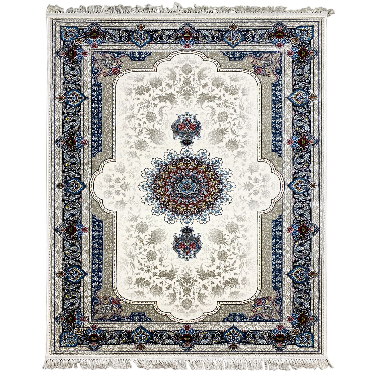 Oriental rug 170x240 cm in cream with a blue medallion, ornate border, and fringes