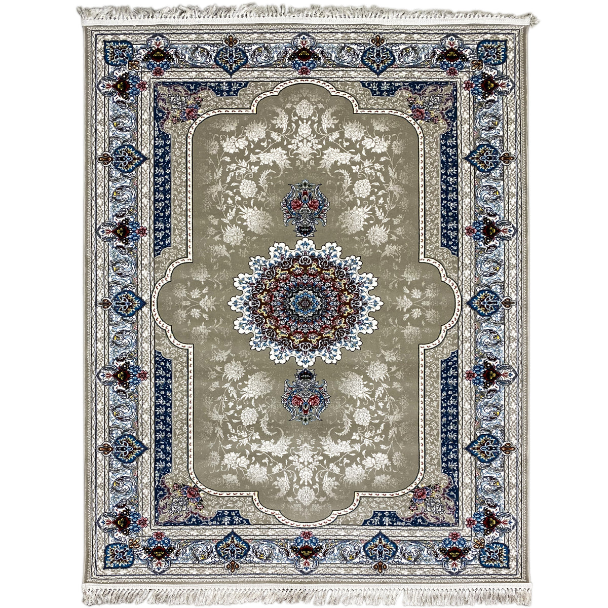Rug 170x240 cm with a beige-brown base, blue ornamental border, and fringe