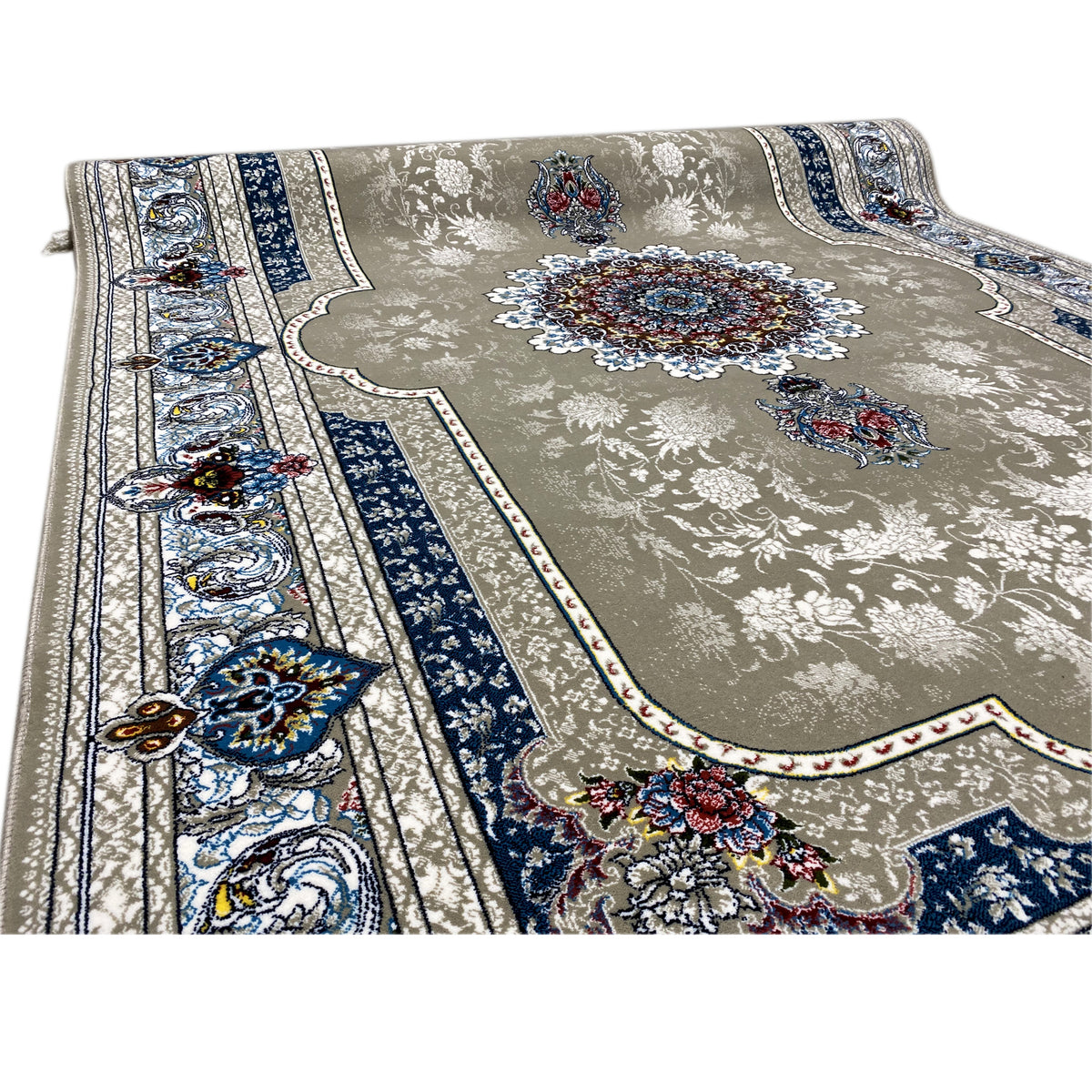 Beige rug with a blue border and floral ornaments, side border