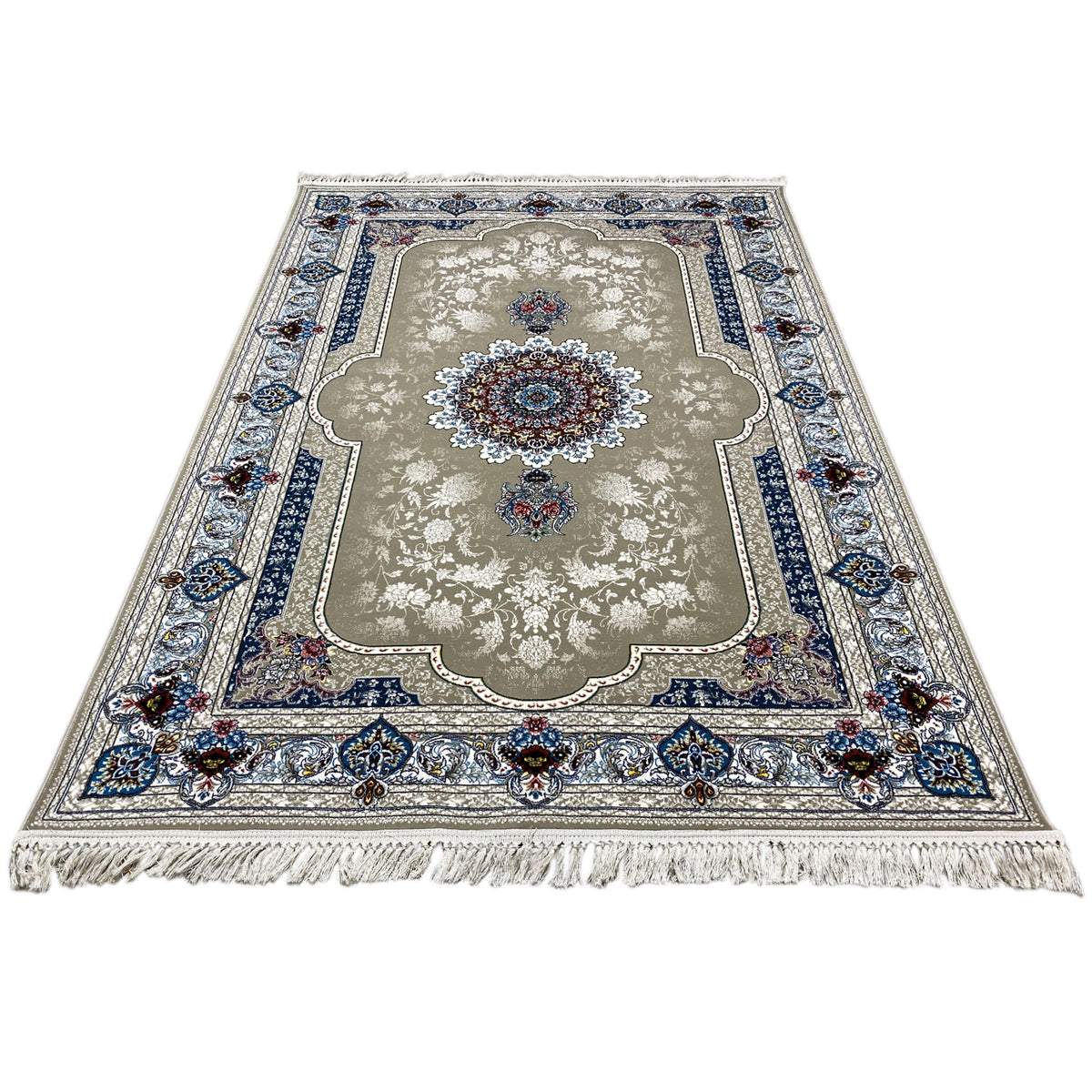 Rug 170x240 cm, flat weave: central medallion, blue-trimmed border, fringes