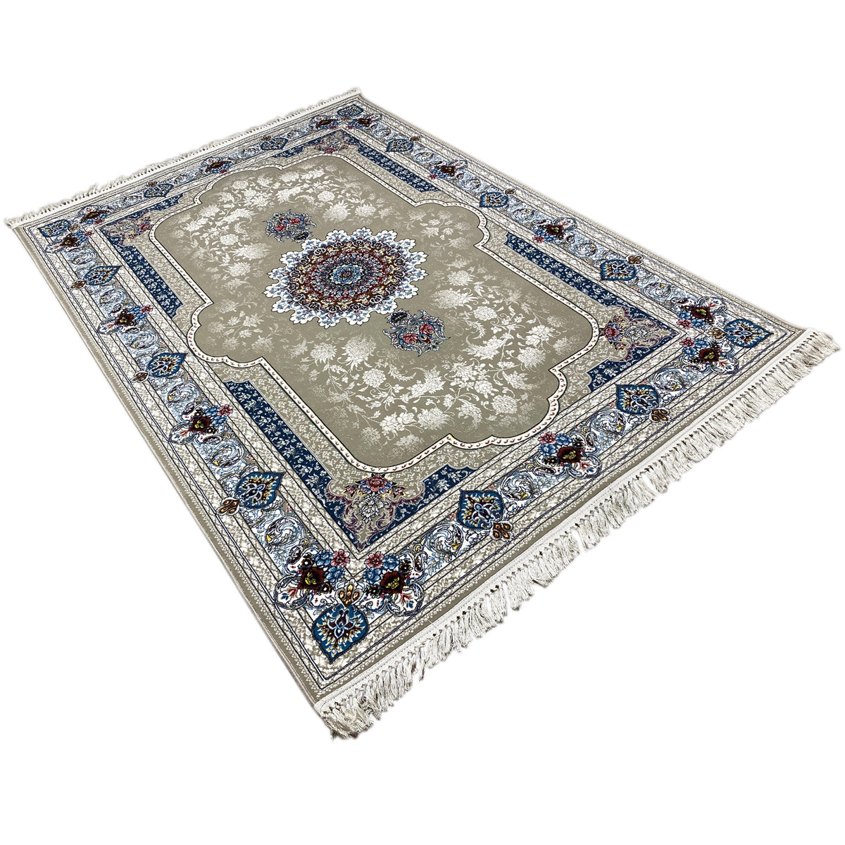 Rug 170x240 cm viewed at an angle, beige base with a blue border, fringes
