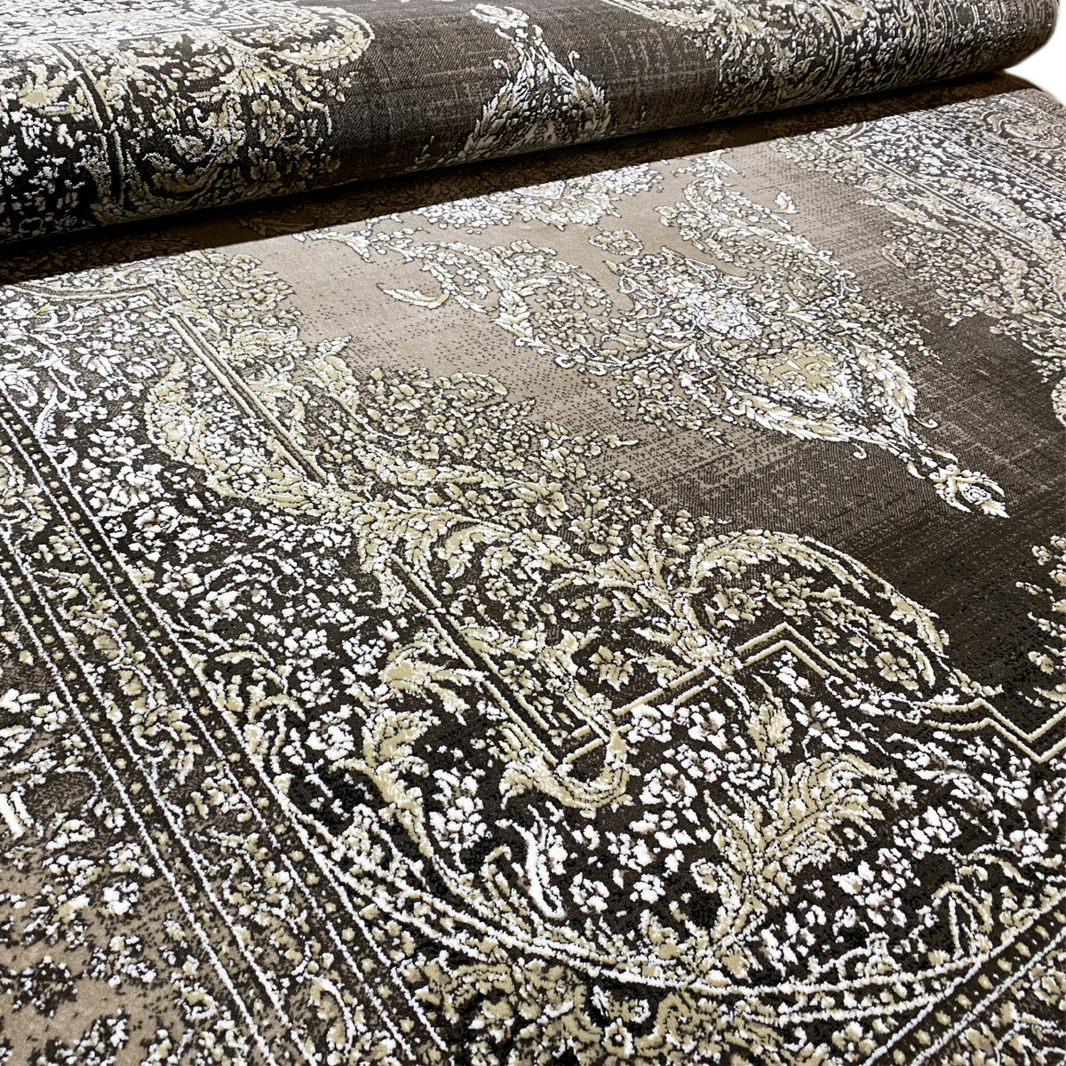 Rug medallion with ornamental decorative lines in silver-gray and dark tones