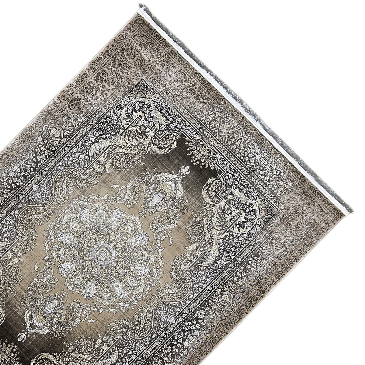 Diagonal rug: silver medallion, ornamental border, dark gray/light beige
