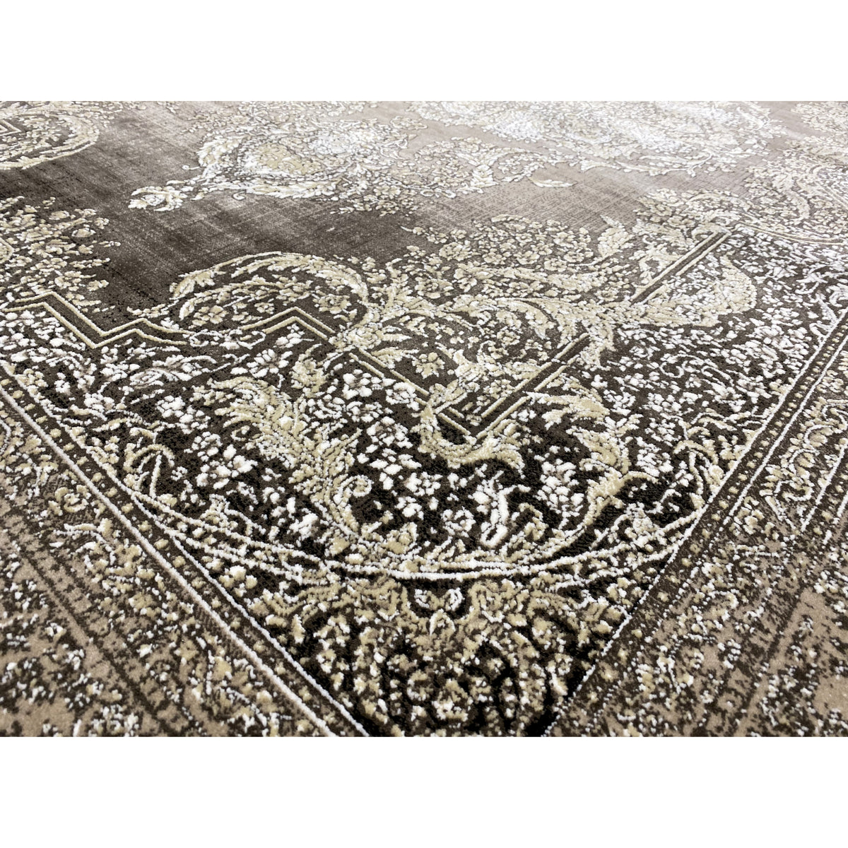 Carpet detail border: silver embellishments, dark gray background, textured surface