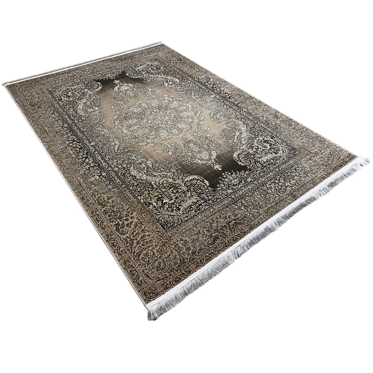 Rug positioned at an angle, vintage ornamentation, brown-gray and beige, with fringes