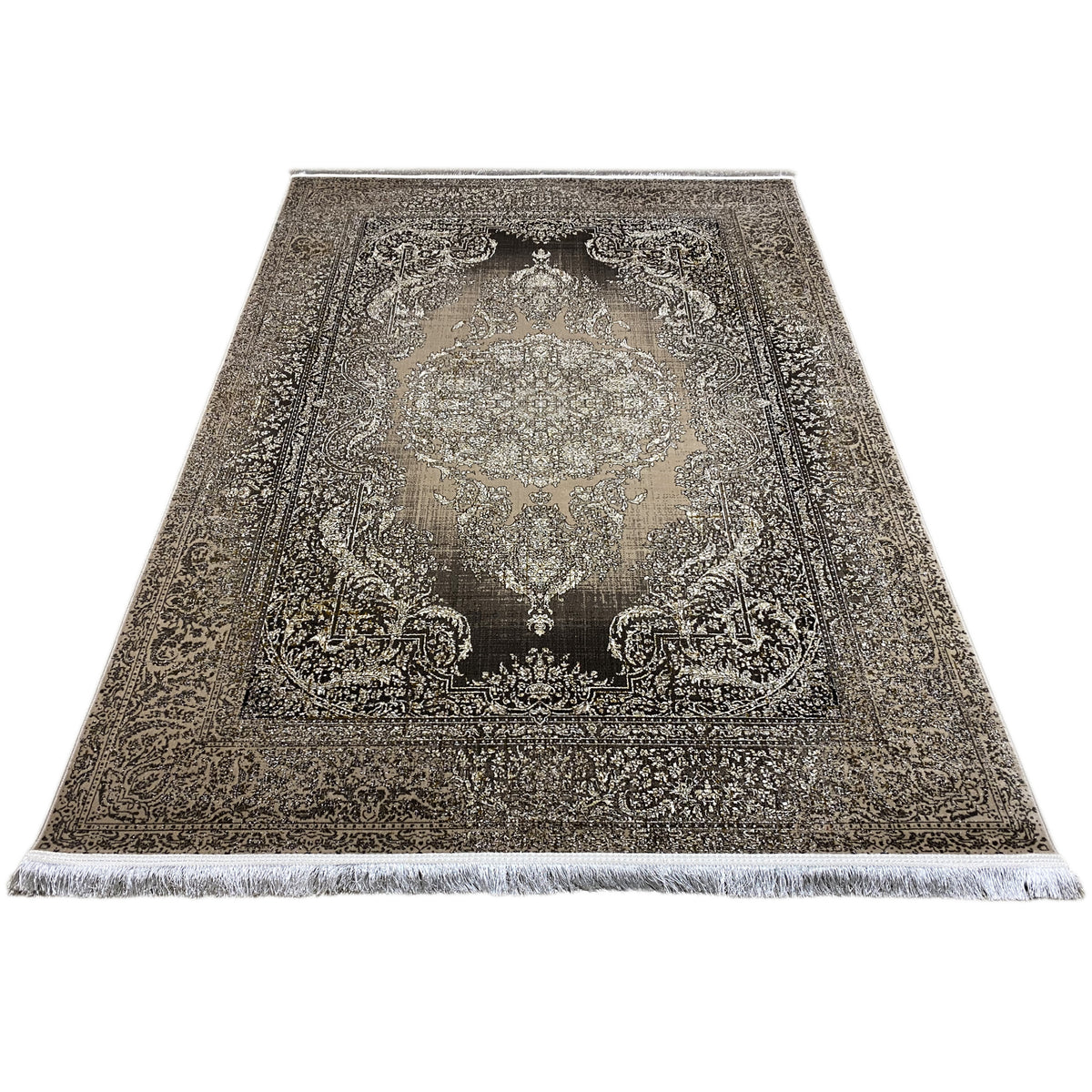 Rug with a central medallion and border pattern, brown-gray and beige, fringed edge