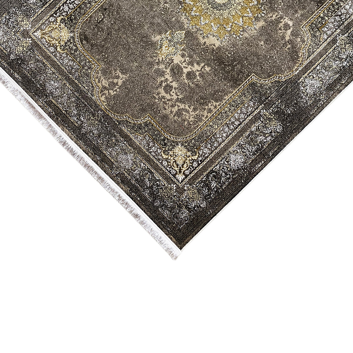 Oriental rug 170x240 cm, dark gray with border pattern, central medallion, fringed edge