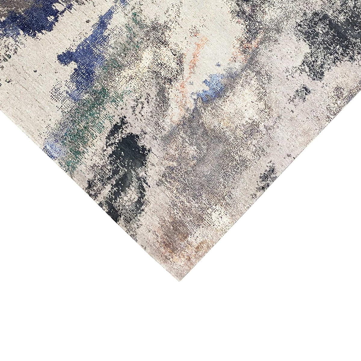 Abstract designer rug, an abstract interplay of beige, gray, blue, and orange