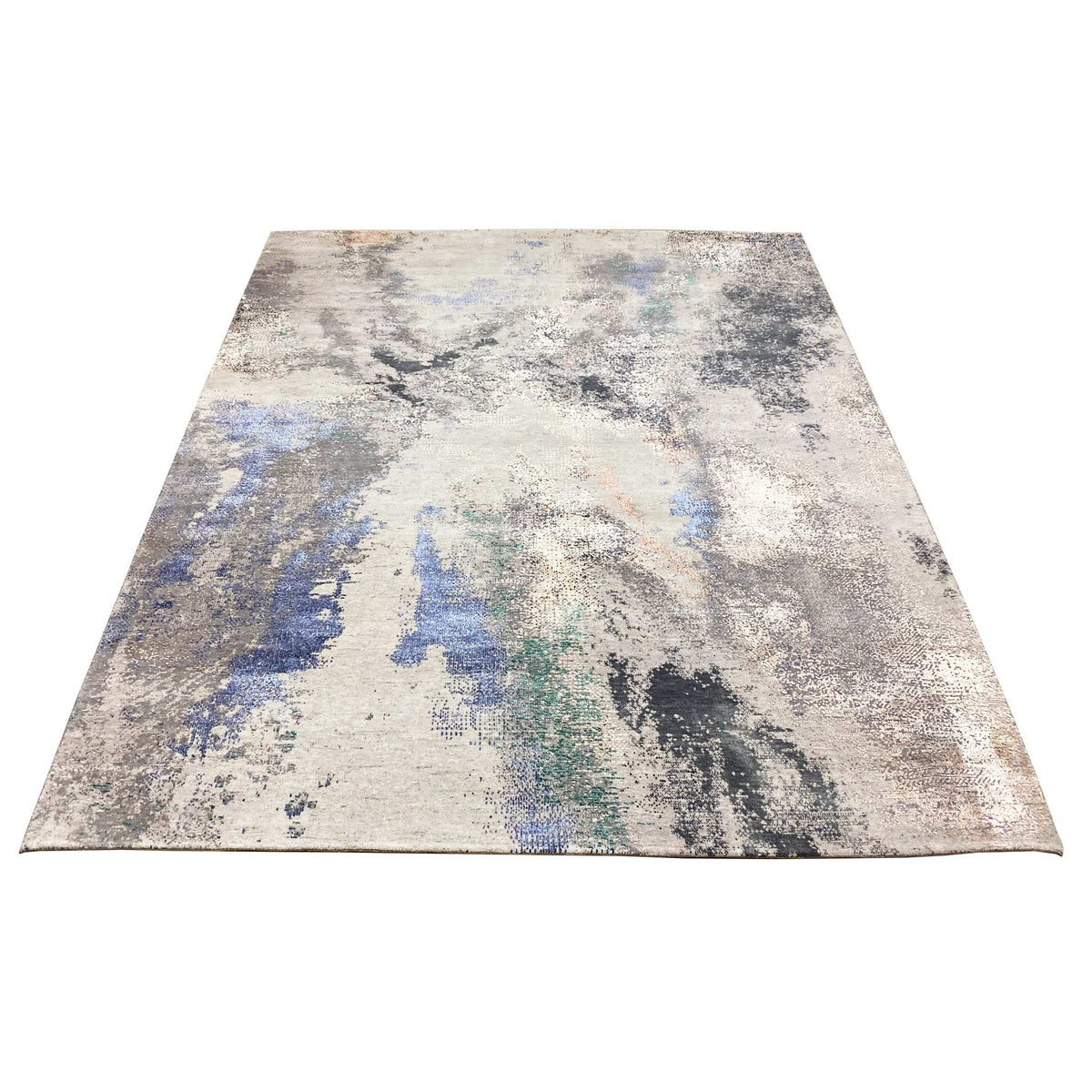 Abstract designer rug with an abstract pattern, beige/gray with blue accents