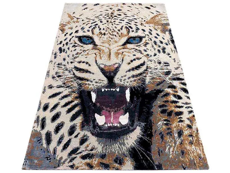 Designer rug with lion's head motif, beige pile, blue eyes, dark mane