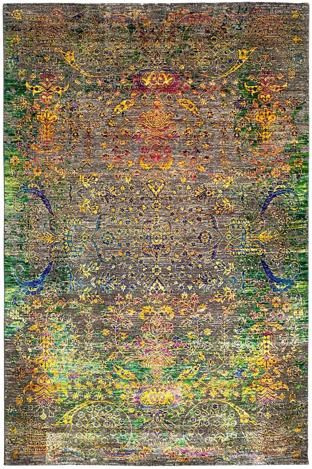 Designer rug 241x170 cm with an ornate pattern in blue, green, and yellow