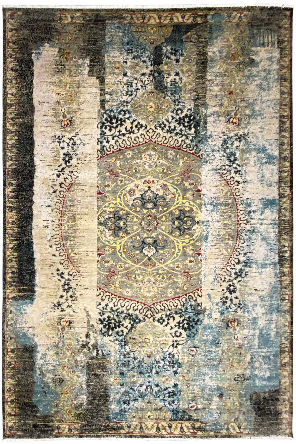 Designer rug with a medallion pattern in blue, beige and dark brown, rectangular