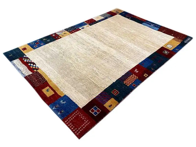 Square Gabbeh rug: beige field with a blue, reddish-brown, and gold border