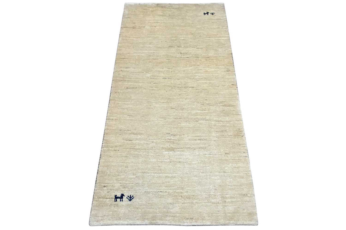Gabbeh rug 146x74 cm, light beige, elongated shape, subtle texture, fine pile