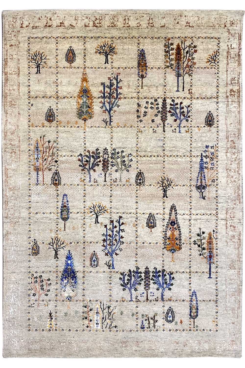 Beige Gabbeh Lori rug with blue-brown ornaments, full frontal view