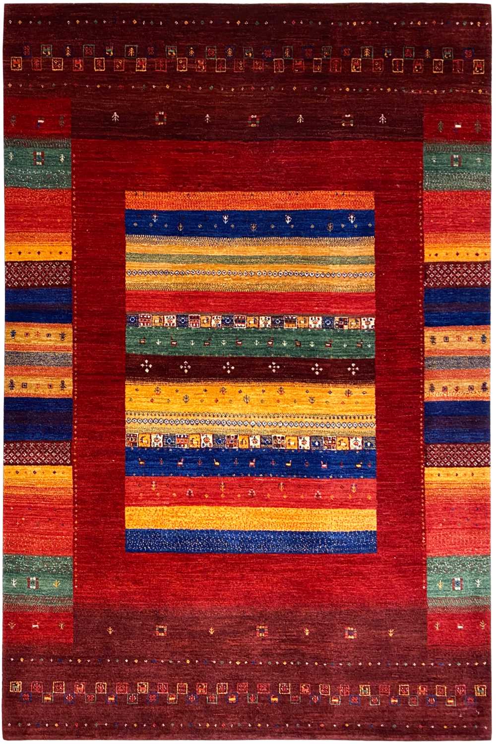 Gabbeh rug with red border and multicolored stripes, rectangular (242x174 cm)