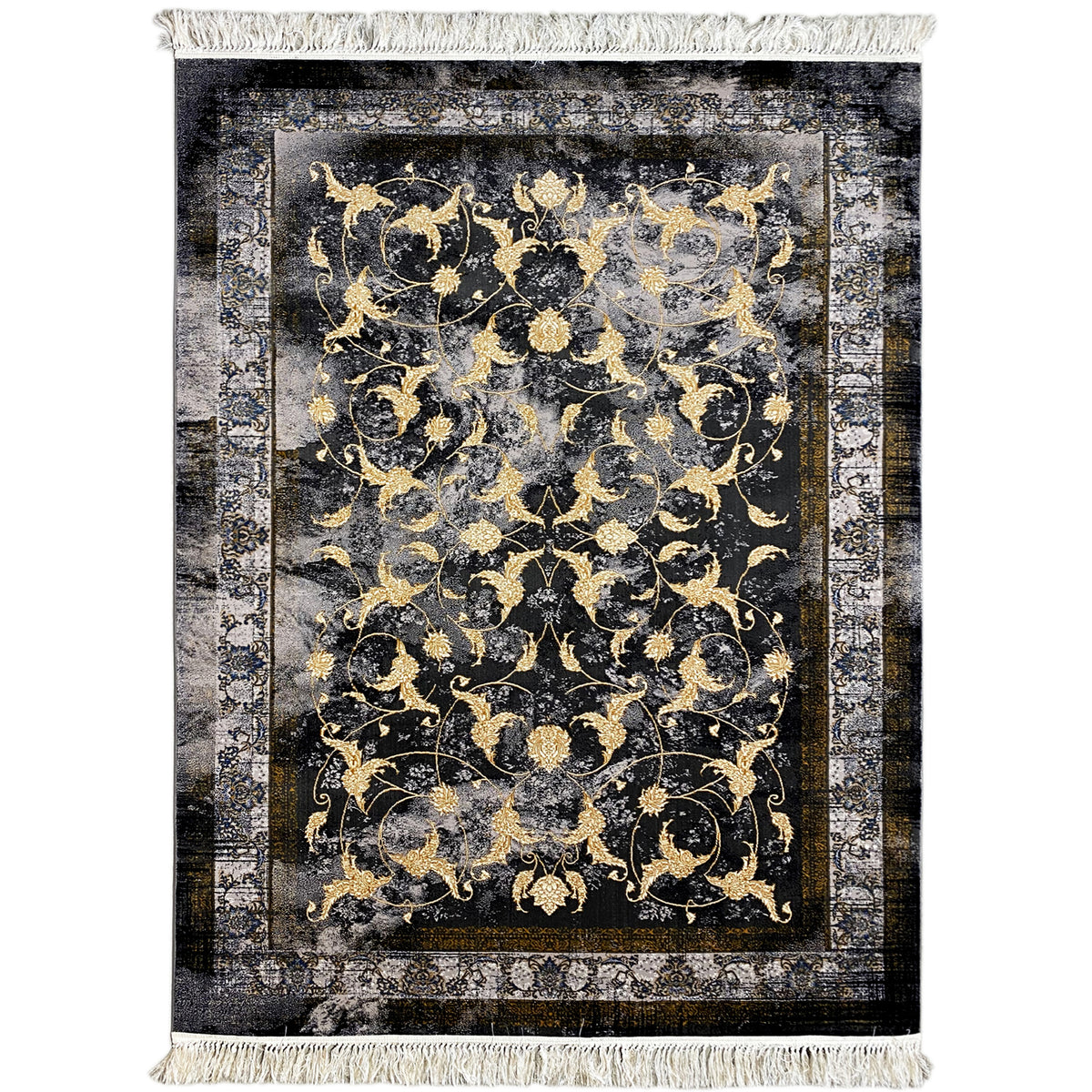 Kenza rug 160x230 cm: dark rug with golden ornament and fringes