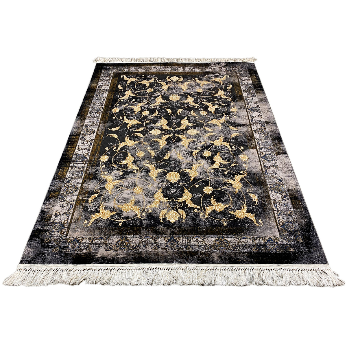 Kenza rug 160x230 cm: full rug with golden ornaments and fringed border