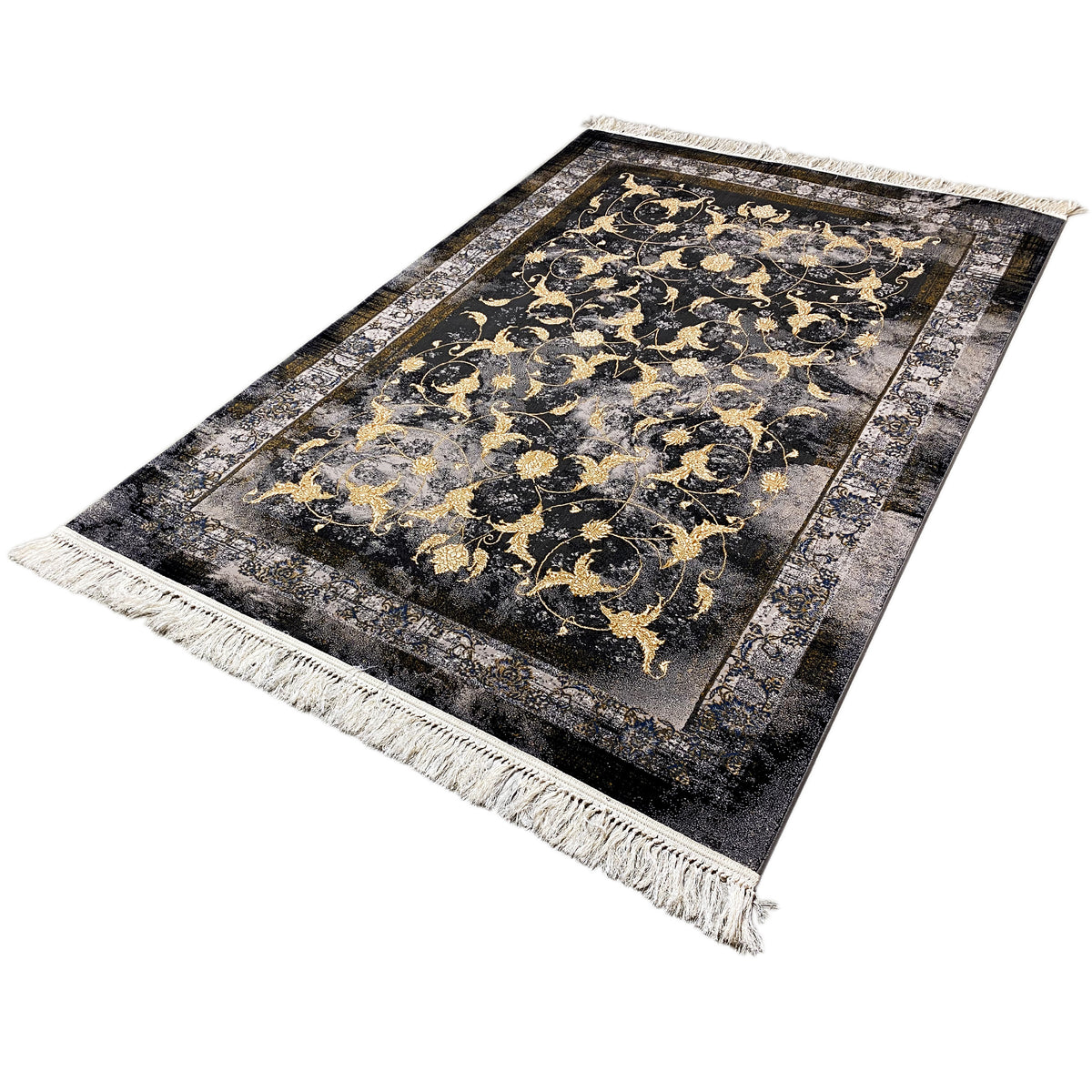 Kenza rug 160x230 cm: rectangular, dark background, gold patterns, fringes