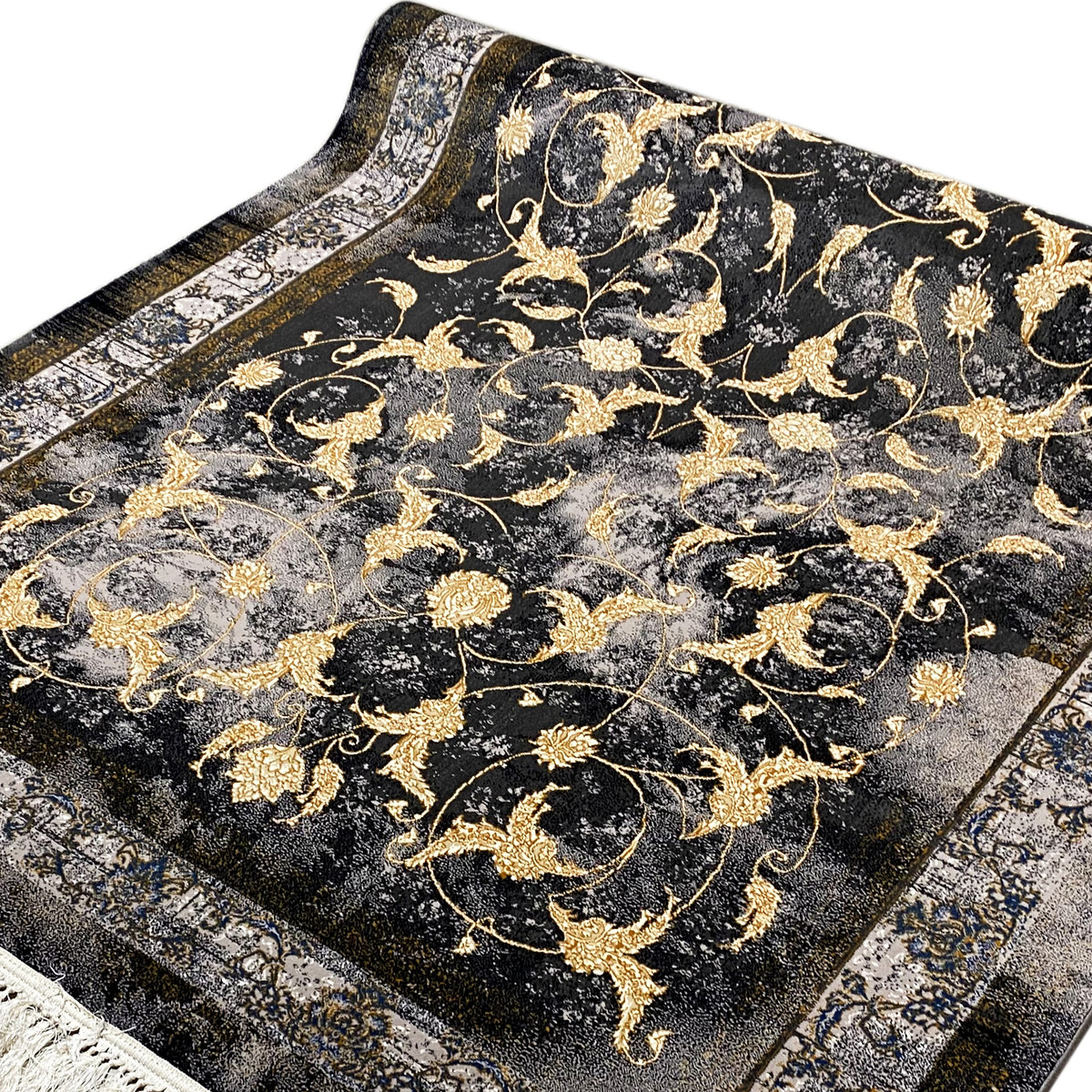 Rug 160x230 cm in detail: golden ornaments on a dark, mottled background