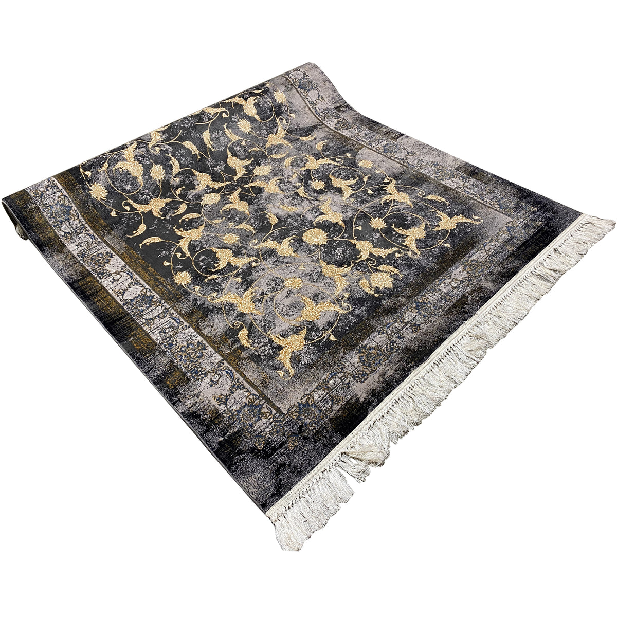 Rug 160x230 cm with a gold-colored baroque pattern, bordered edge, and fringe
