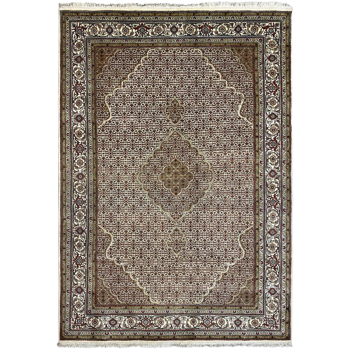 Indo Tabriz rug with an ornamental medallion, brown background, and decorative border