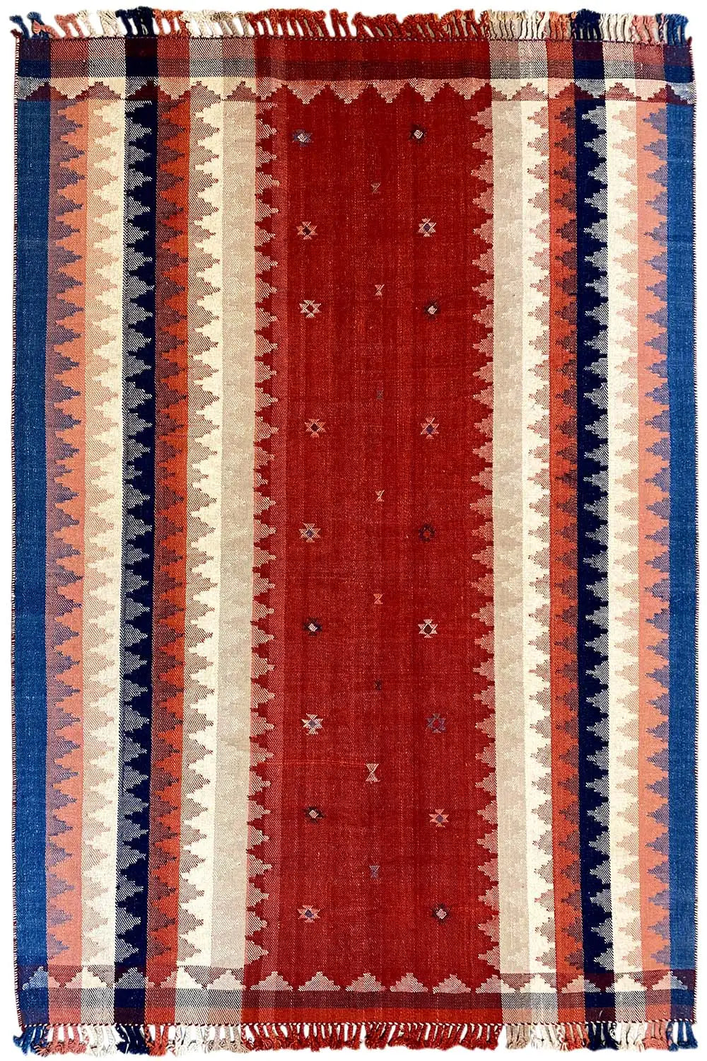 Oriental rug with red, beige, and blue stripes, fringes along the edges