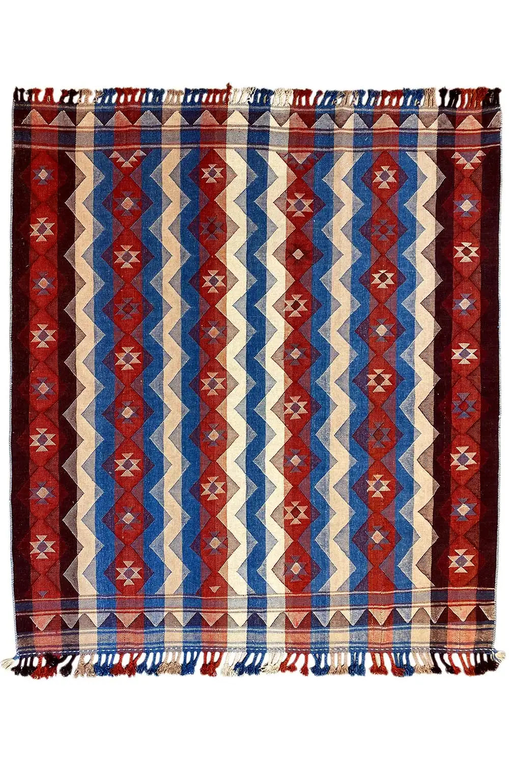 Jajim exclusive rug 207x177 cm: geometric red-blue-beige pattern, fringes