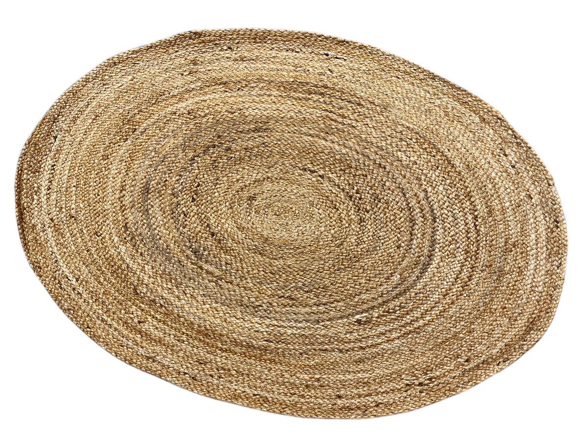 Beige, round jute rug with an even spiral ring pattern