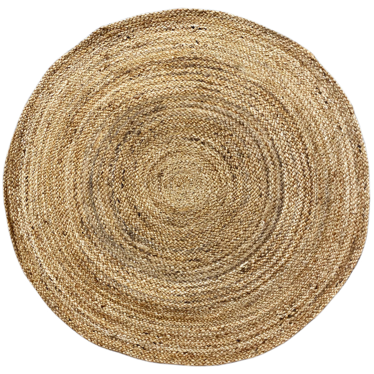 Beige, round jute rug with a spiral ring pattern and handwoven look