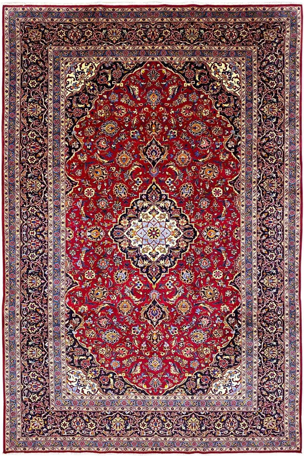 Rug with a red central medallion, a wide border, and countless tiny ornaments