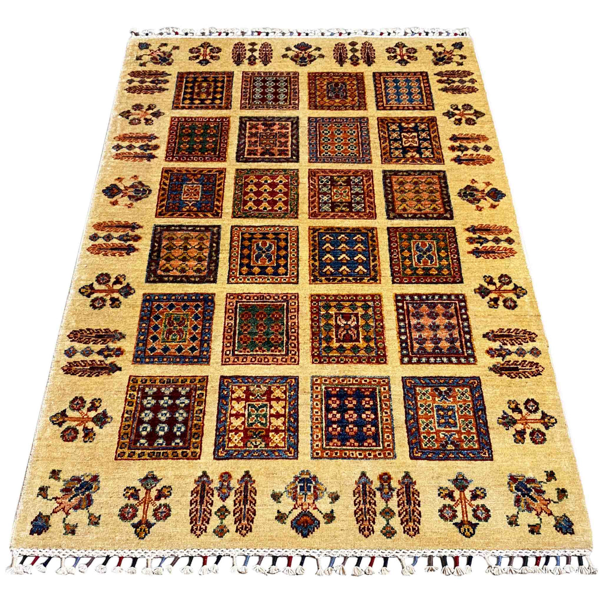 Beige Afghan Khorjin rug with a geometric tile pattern and colorful border ornaments, fringes