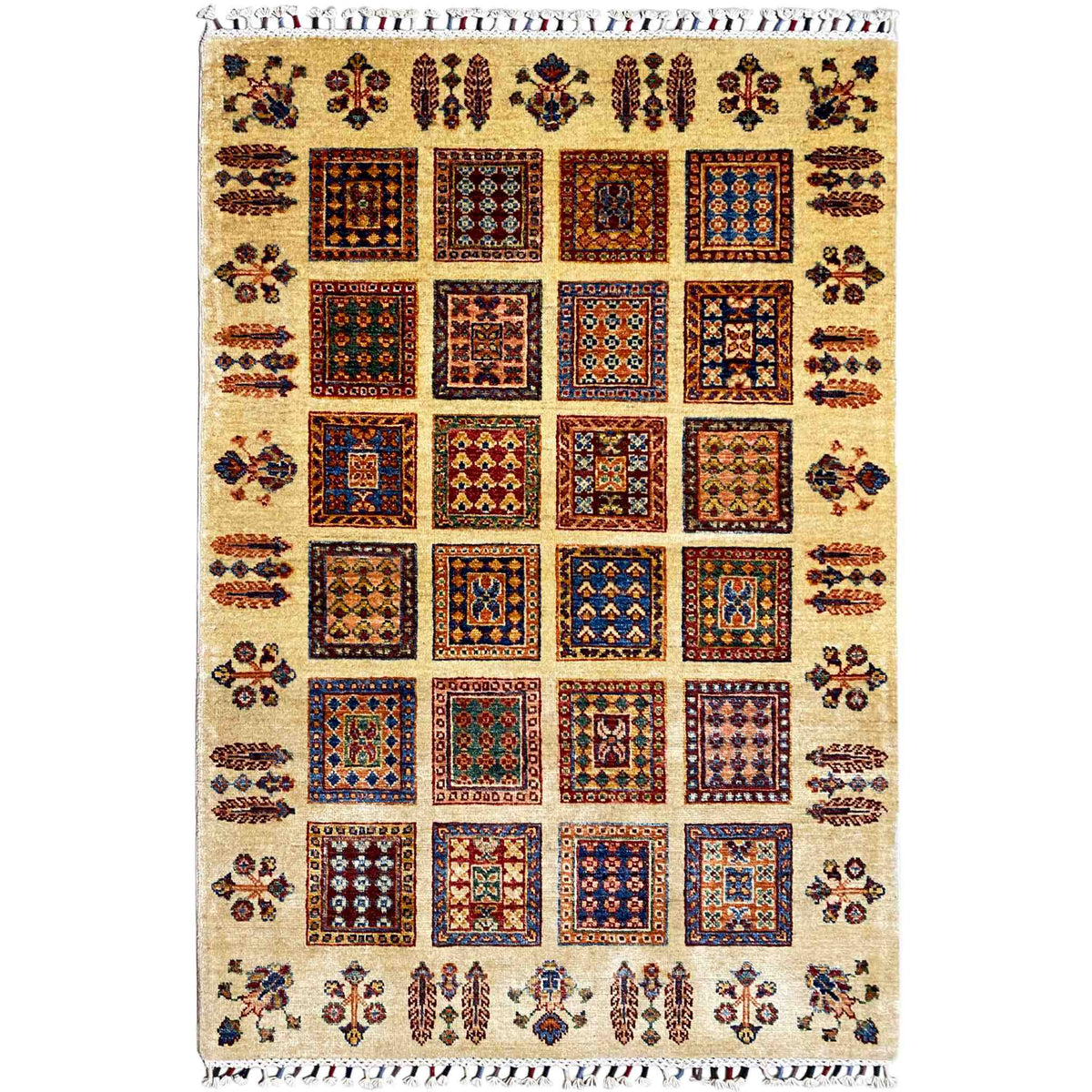 Beige Afghan Khorjin rug with square tiles and colorful ornaments, with fringes