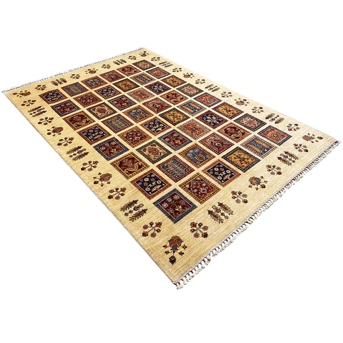Beige rug with a diamond pattern, colorful medallions, and a decorative border