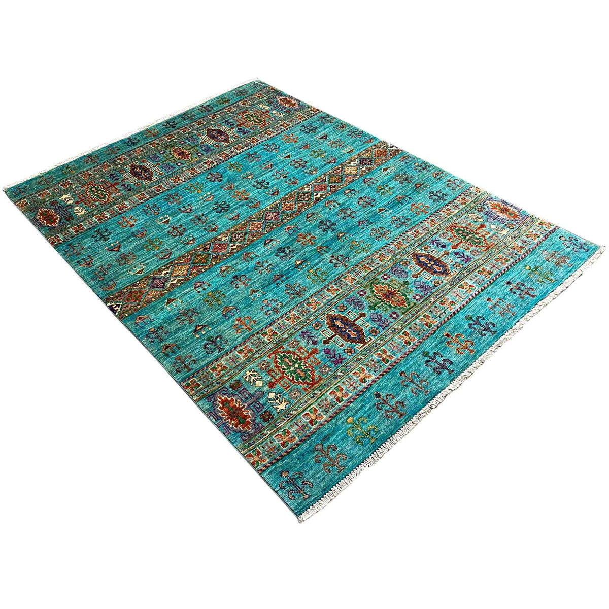 Petrol-blue rug with multicolored medallions and rows of ornaments