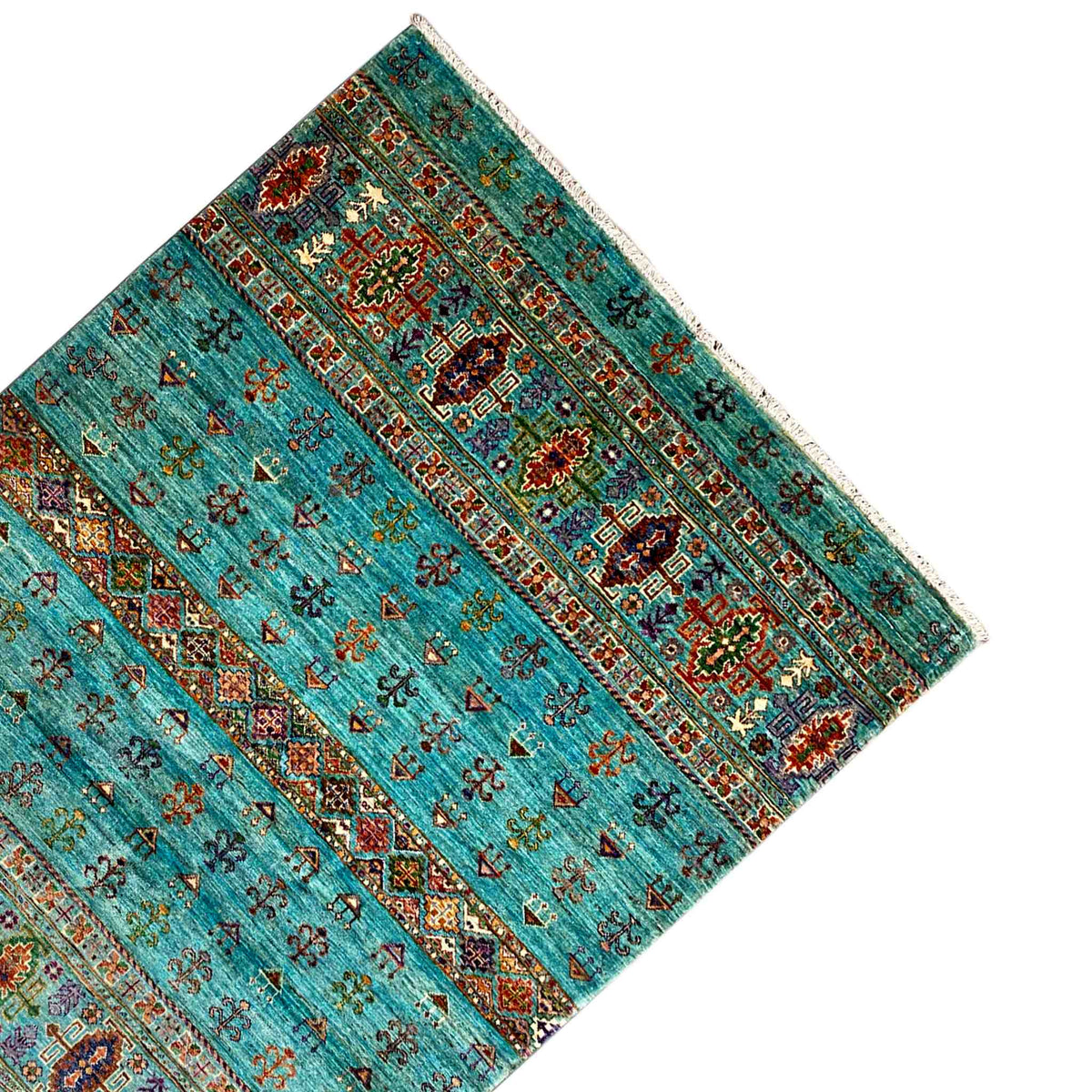 Carpet in petrol blue with decorative band patterns and a multicolored central section