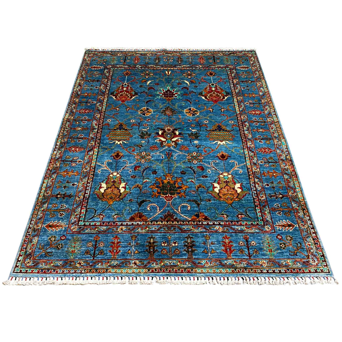 Afghan Khorjin rug, blue, rectangular, floral pattern, surrounding border