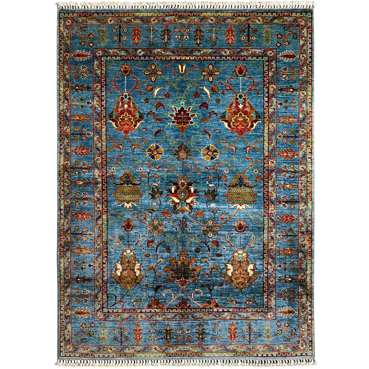 Blue Afghan Khorjin rug, rectangular, floral patterns with decorative border
