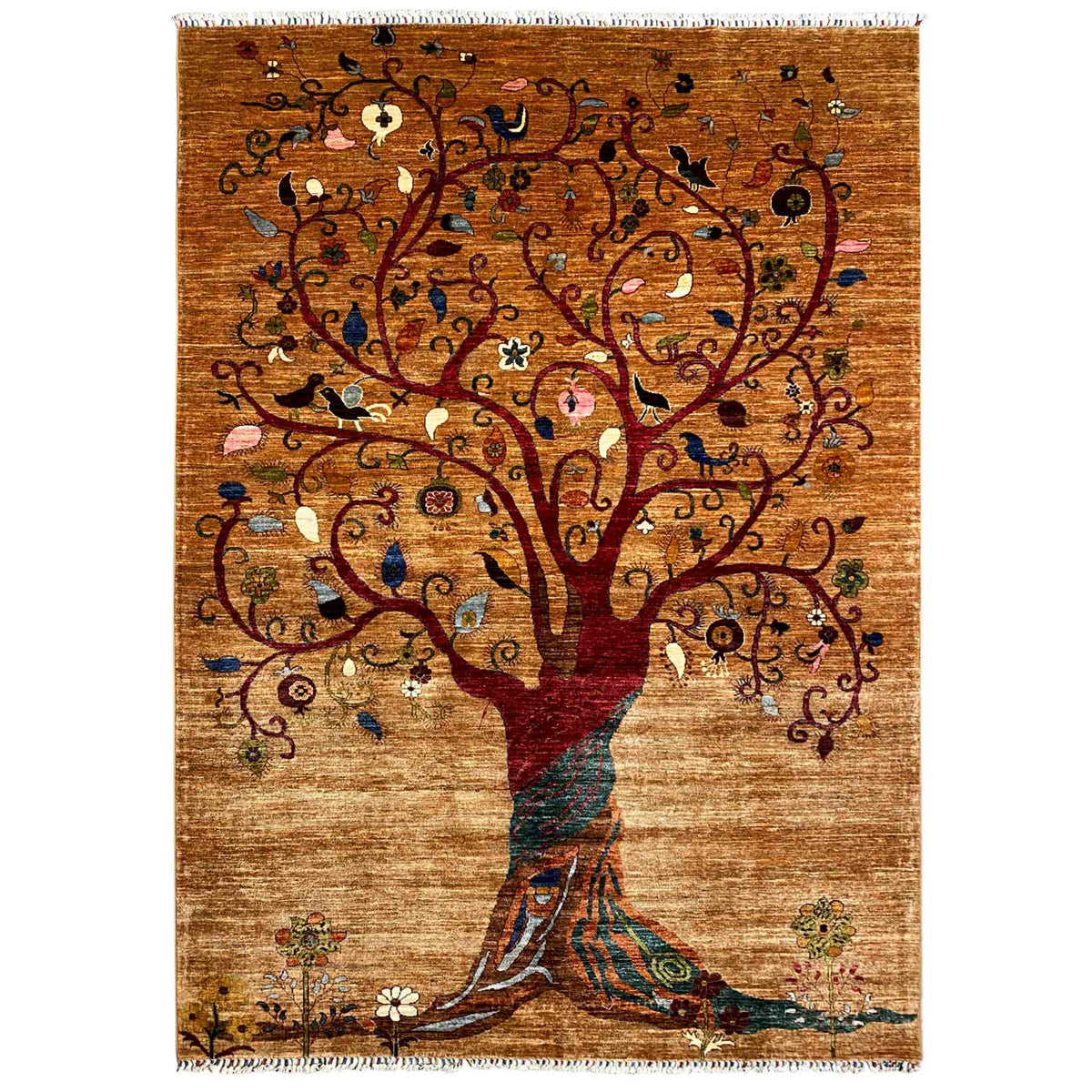 Afghan Khorjin rug with tree design in brown and colorful ornaments, rectangular