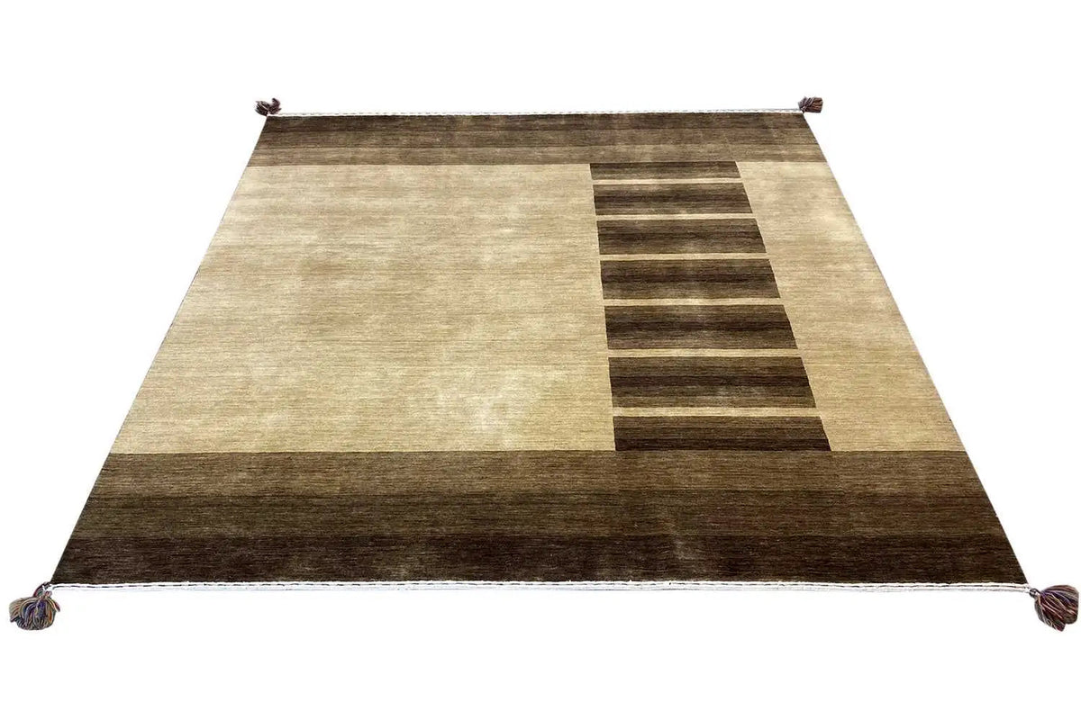 Gabbeh rug (201x201 cm) lying flat: beige area with dark stripes and tassels