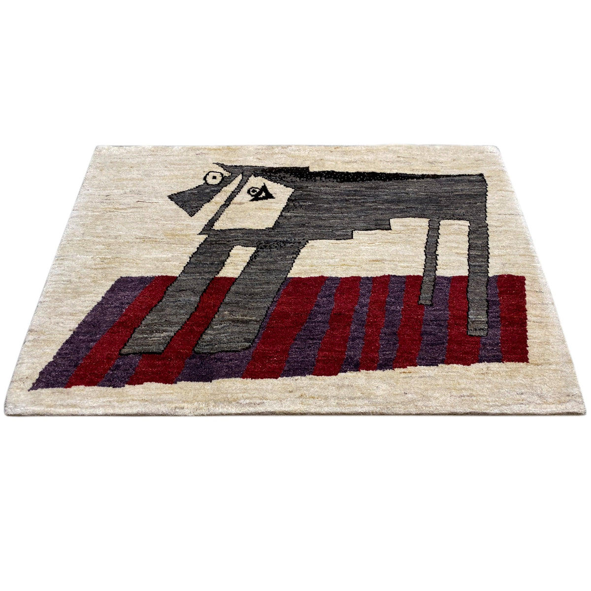 Beige Gabbeh rug with an all-over pattern in black, red and gray