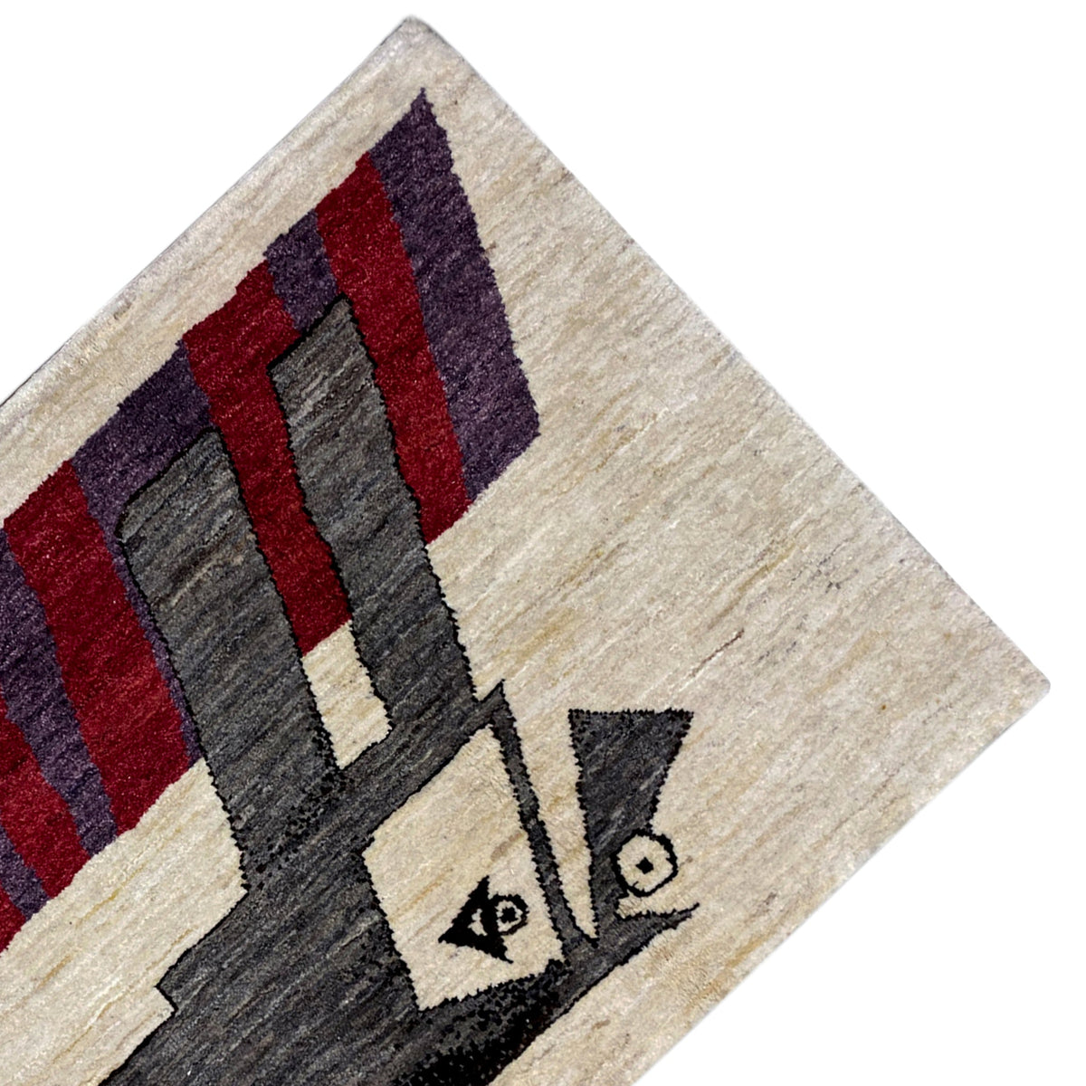 Beige Gabbeh rug, diagonal view with stripes in black, red and purple