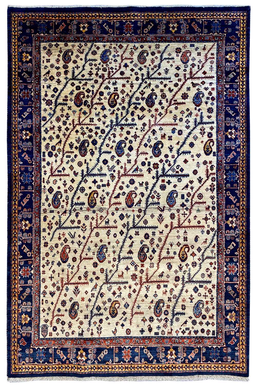 Qashqai rug, cream-colored base with a blue border pattern, 192x123 cm